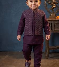 Boy's purple blended cotton ethnic kurta pajama set with embroidered nehru jacket