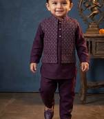 Boy's purple blended cotton ethnic kurta pajama set with embroidered nehru jacket