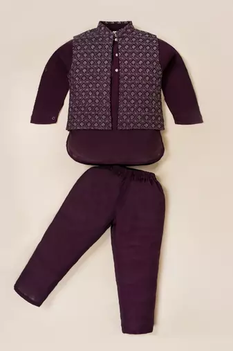 Boy's purple blended cotton ethnic kurta pajama set with embroidered nehru jacket