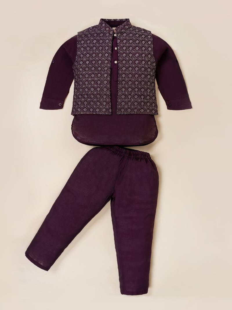 Boy's purple blended cotton ethnic kurta pajama set with embroidered nehru jacket