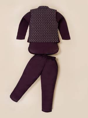 Boy's purple blended cotton ethnic kurta pajama set with embroidered nehru jacket 3