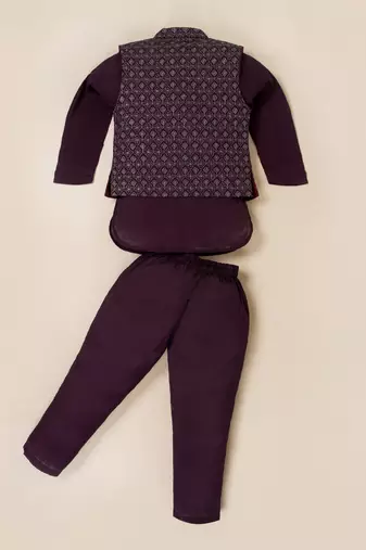 Boy's purple blended cotton ethnic kurta pajama set with embroidered nehru jacket