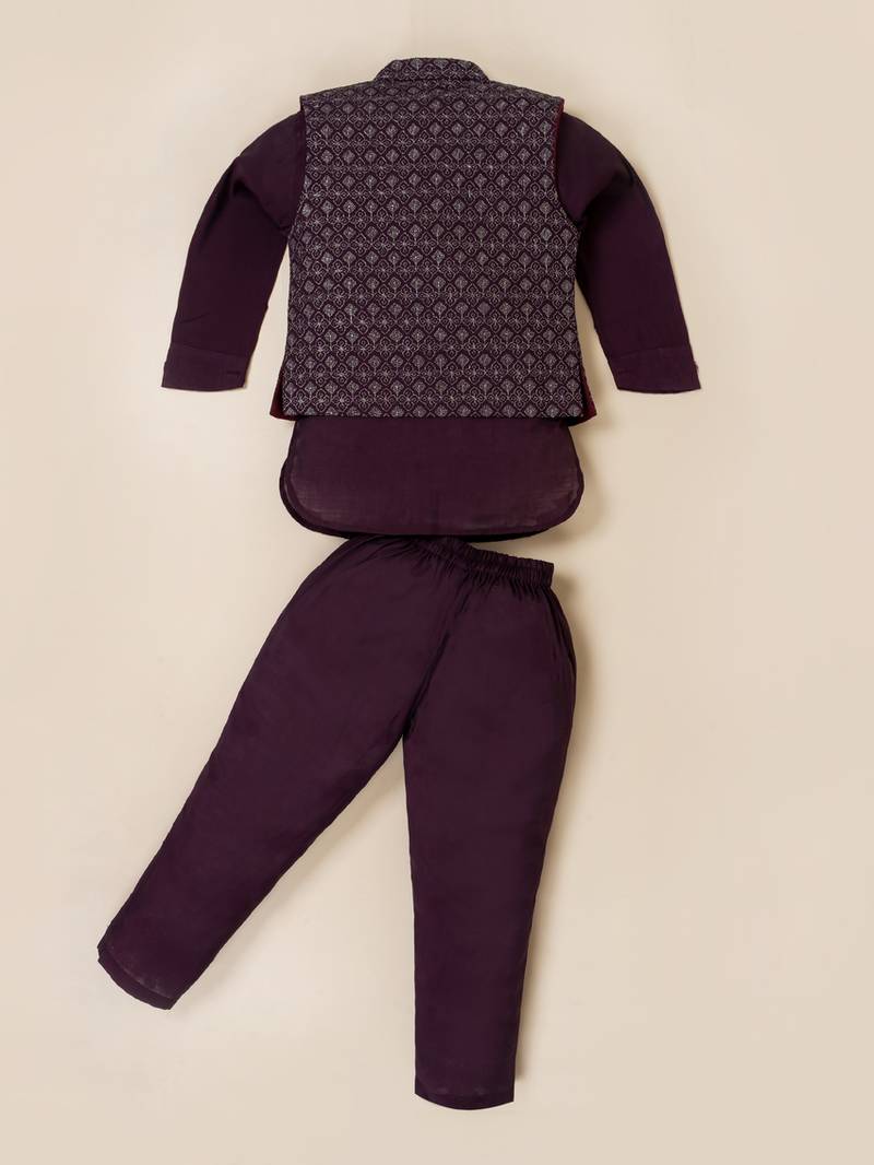 Boy's purple blended cotton ethnic kurta pajama set with embroidered nehru jacket