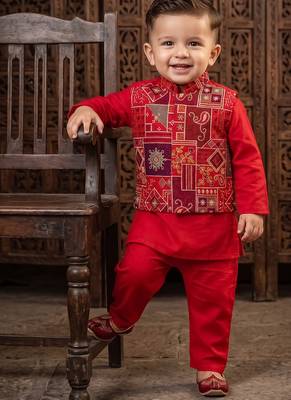 Boy's red blended cotton ethnic kurta pajama set with embroidered nehru jacket 1