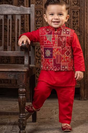 Boy's red blended cotton ethnic kurta pajama set with embroidered nehru jacket