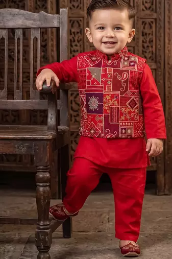 Boy's red blended cotton ethnic kurta pajama set with embroidered nehru jacket
