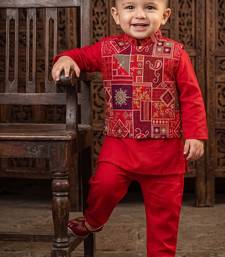 Boy's red blended cotton ethnic kurta pajama set with embroidered nehru jacket