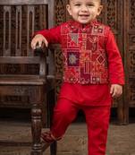 Boy's red blended cotton ethnic kurta pajama set with embroidered nehru jacket