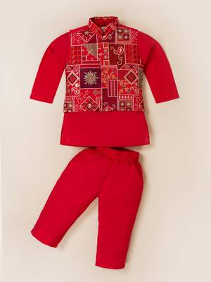 Boy's red blended cotton ethnic kurta pajama set with embroidered nehru jacket 2