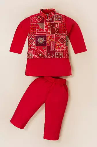 Boy's red blended cotton ethnic kurta pajama set with embroidered nehru jacket