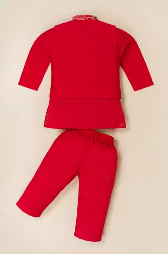 Boy's red blended cotton ethnic kurta pajama set with embroidered nehru jacket
