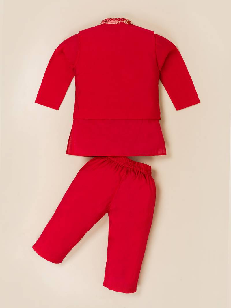 Boy's red blended cotton ethnic kurta pajama set with embroidered nehru jacket