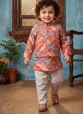 Boy's brown blended cotton ethnic kurta pajama set with printed nehru jacket 1