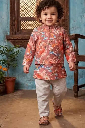 Boy's brown blended cotton ethnic kurta pajama set with printed nehru jacket