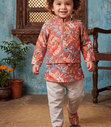Boy's brown blended cotton ethnic kurta pajama set with printed nehru jacket