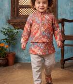 Boy's brown blended cotton ethnic kurta pajama set with printed nehru jacket