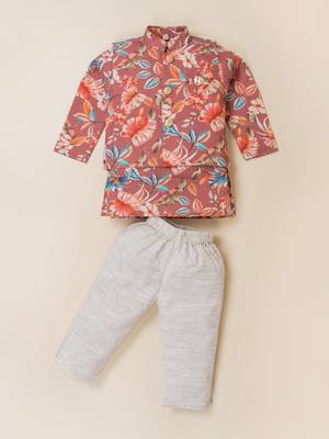 Boy's brown blended cotton ethnic kurta pajama set with printed nehru jacket 2