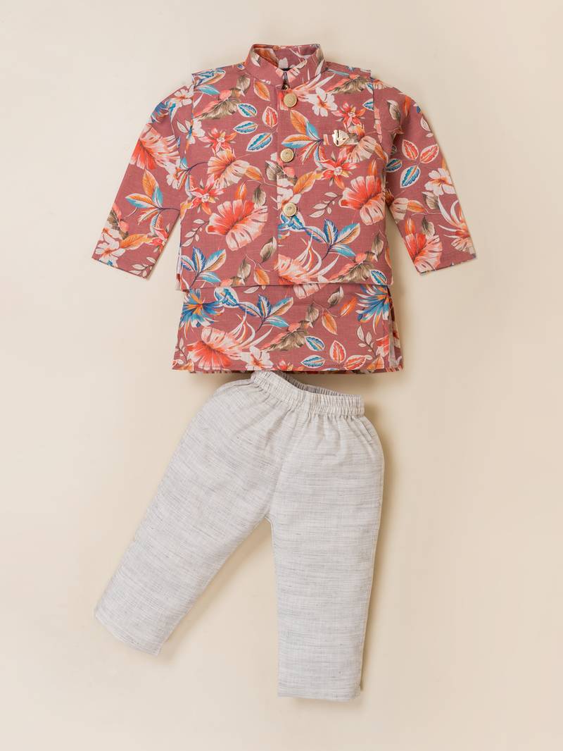 Boy's brown blended cotton ethnic kurta pajama set with printed nehru jacket