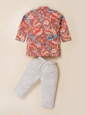 Boy's brown blended cotton ethnic kurta pajama set with printed nehru jacket 3