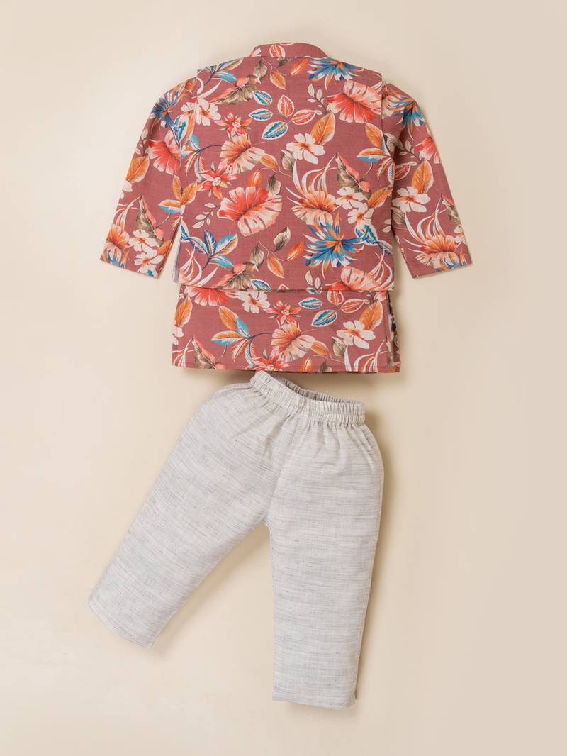 Boy's brown blended cotton ethnic kurta pajama set with printed nehru jacket