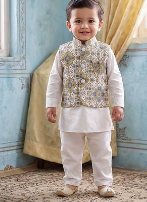 Boy's white blended cotton ethnic kurta pajama set with printed nehru jacket 1