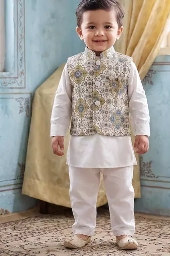 Boy's white blended cotton ethnic kurta pajama set with printed nehru jacket