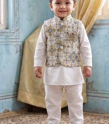 Boy's white blended cotton ethnic kurta pajama set with printed nehru jacket