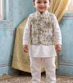 Boy's white blended cotton ethnic kurta pajama set with printed nehru jacket