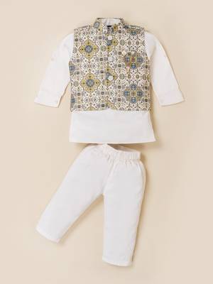Boy's white blended cotton ethnic kurta pajama set with printed nehru jacket 2