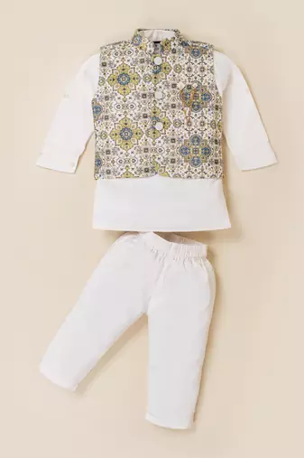 Boy's white blended cotton ethnic kurta pajama set with printed nehru jacket