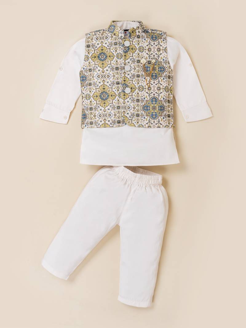 Boy's white blended cotton ethnic kurta pajama set with printed nehru jacket