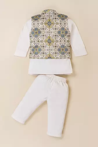 Boy's white blended cotton ethnic kurta pajama set with printed nehru jacket