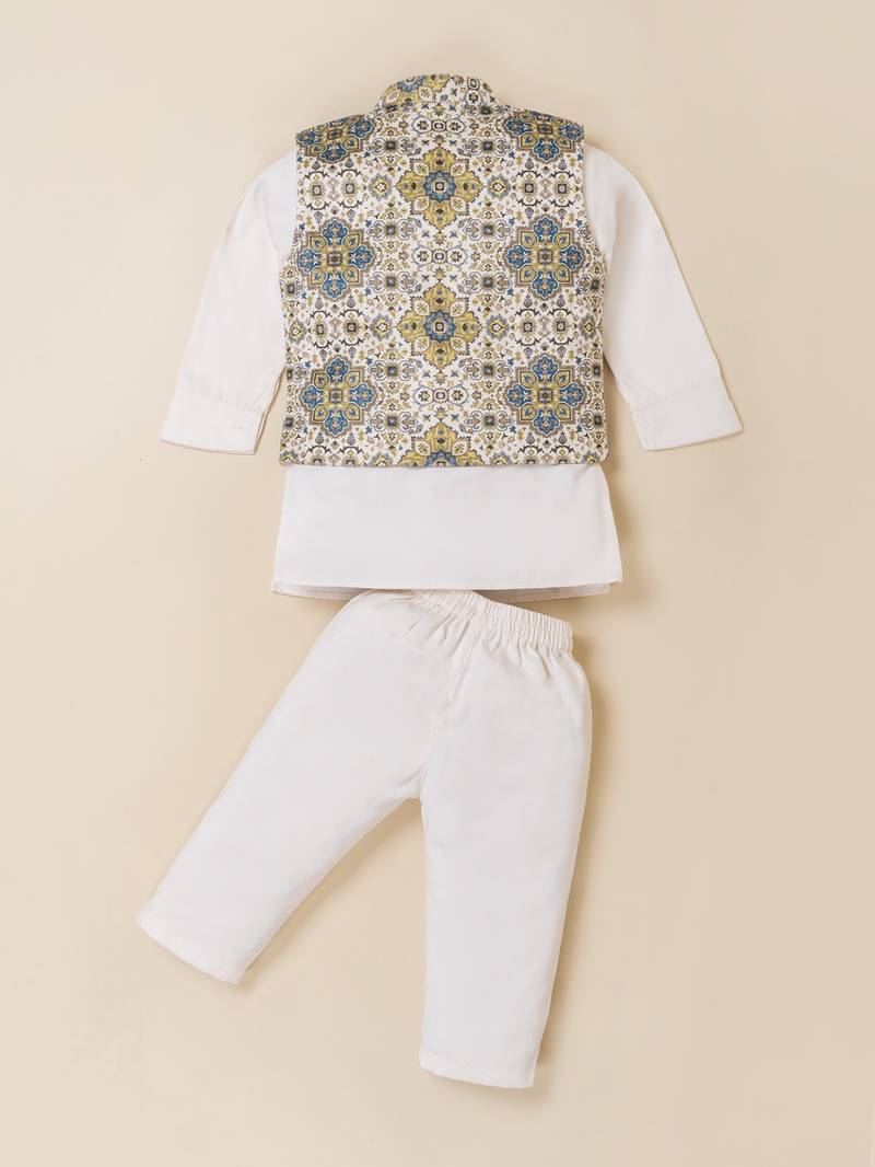 Boy's white blended cotton ethnic kurta pajama set with printed nehru jacket