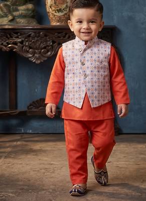 Boy's orange blended cotton ethnic kurta pajama set with printed nehru jacket 1