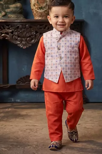 Boy's orange blended cotton ethnic kurta pajama set with printed nehru jacket