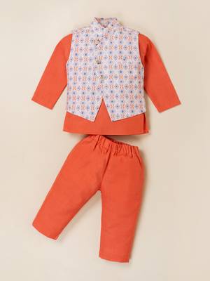 Boy's orange blended cotton ethnic kurta pajama set with printed nehru jacket 2