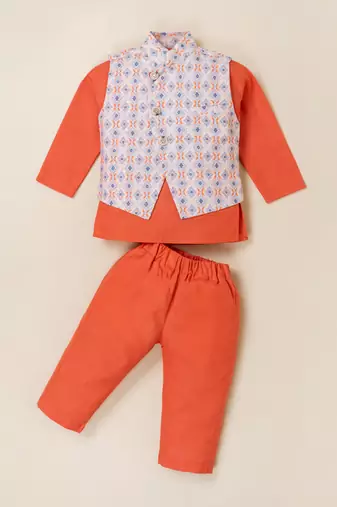 Boy's orange blended cotton ethnic kurta pajama set with printed nehru jacket