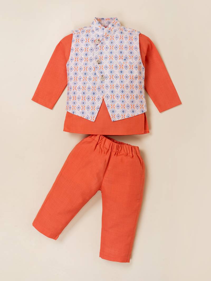 Boy's orange blended cotton ethnic kurta pajama set with printed nehru jacket