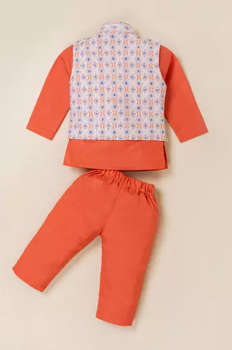 Boy's orange blended cotton ethnic kurta pajama set with printed nehru jacket