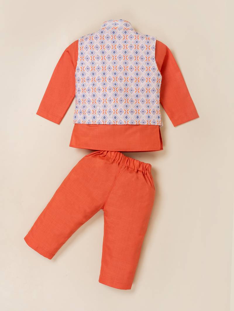 Boy's orange blended cotton ethnic kurta pajama set with printed nehru jacket