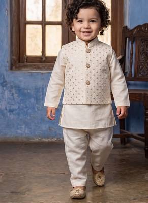 Boy's white blended cotton ethnic kurta pajama set with embroidered nehru jacket 1