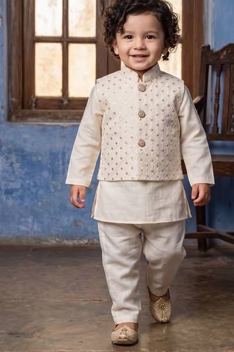 Boy's white blended cotton ethnic kurta pajama set with embroidered nehru jacket