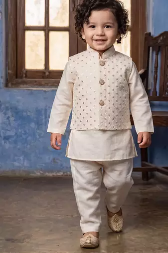 Boy's white blended cotton ethnic kurta pajama set with embroidered nehru jacket