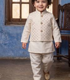 Boy's white blended cotton ethnic kurta pajama set with embroidered nehru jacket
