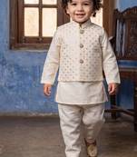 Boy's white blended cotton ethnic kurta pajama set with embroidered nehru jacket