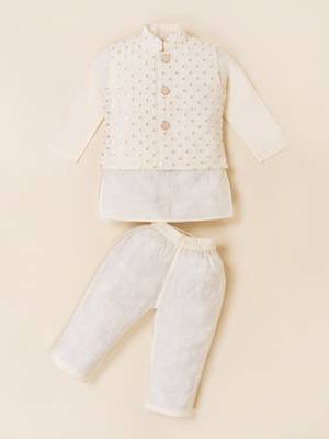 Boy's white blended cotton ethnic kurta pajama set with embroidered nehru jacket 2