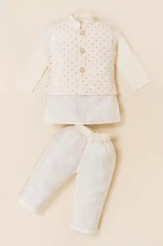 Boy's white blended cotton ethnic kurta pajama set with embroidered nehru jacket