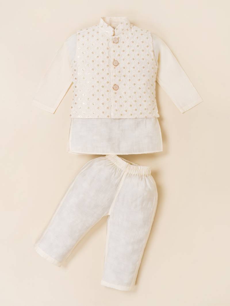 Boy's white blended cotton ethnic kurta pajama set with embroidered nehru jacket