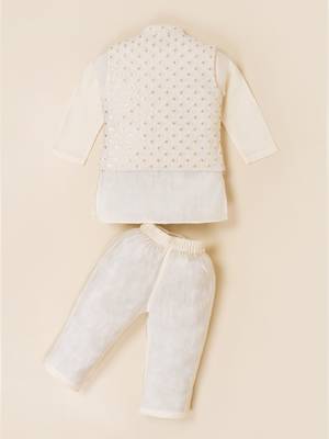 Boy's white blended cotton ethnic kurta pajama set with embroidered nehru jacket 3