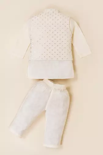 Boy's white blended cotton ethnic kurta pajama set with embroidered nehru jacket